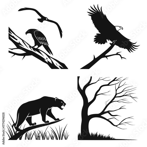 Black silhouette eagle panther and bare tree eagle silhouette
