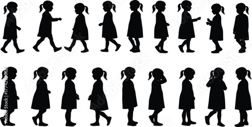 Silhouette of little girls walking and standing in different poses, childhood activity, cute female kid figures, isolated on white background vector illustration