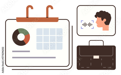 Calendar with pie chart and grid, profile with voice recognition caption, and briefcase linked to business processes. Ideal for planning, productivity, organization, scheduling, technology, workflow