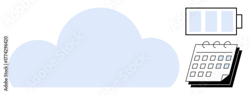 Cloud with battery and calendar symbols representing storage, power conservation, and planning. Ideal for data management, time organization, energy tracking, digital cloud, efficiency, productivity