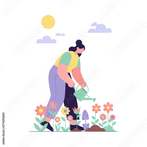 Flat Design Illustration of a Woman Gardening.eps