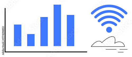 Vertical bar chart beside wireless signal and cloud icon, symbolizing data analysis, cloud solutions, and connectivity. Ideal for technology, networking, analytics, digital growth, cloud computing