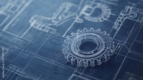 Blueprint of a mechanical gear design with detailed technical drawings and measurements on a dark background