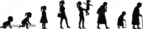 Woman life stages silhouette, female growing from baby to old age, evolution of woman concept, aging process vector illustration, generational development