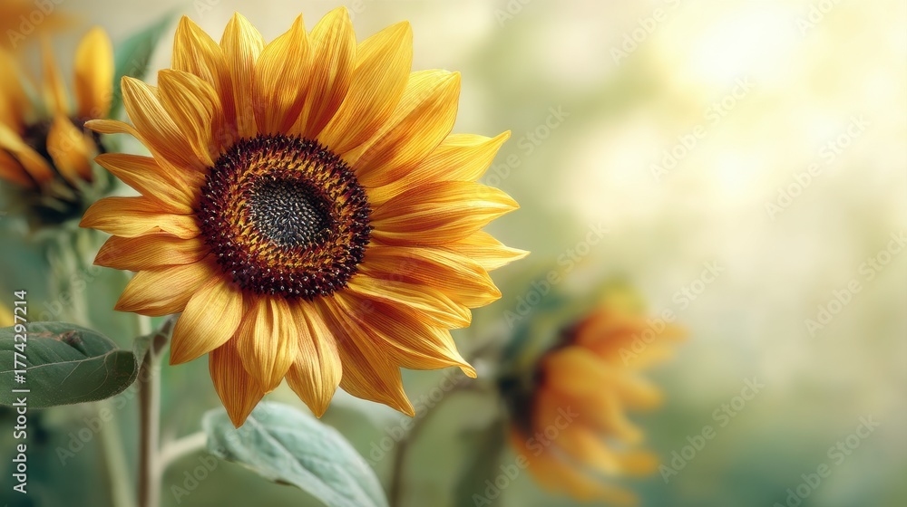 Fototapeta premium A vibrant yellow sunflower in close-up, basking in warm sunlight with a soft, blurred green background and hints of other blossoms, blurred yellow background
