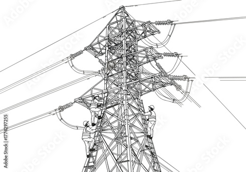 High-voltage transmission tower with workers performing maintenance, showcasing electricity infrastructure, safety procedures, and skilled labor in power systems