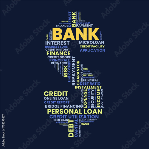 Bank Word Cloud in Dollar Sign Shape. Finance Money Credit Loan and Investment Concept
