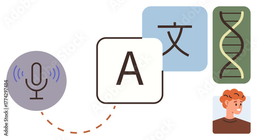Microphone icon, language symbols, DNA helix, and person icon represent voice recognition, multilingual translation, genetics, and human interaction. Ideal for AI, linguistics science