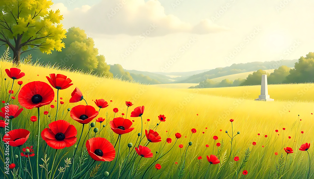 Fototapeta premium Vibrant red poppies in a golden field with a distant monument under a sunny sky 4k and hd image