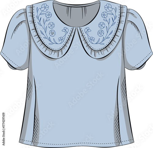 Light blue short sleeve blouse, Peter Pan collar with floral embroidery, puff sleeve feminine top, tailored fit fashion garment illustration