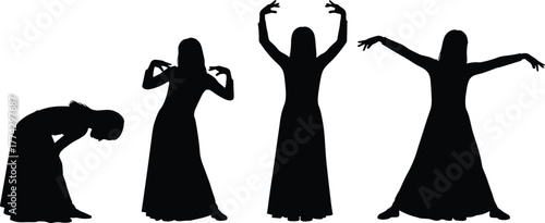 Woman silhouette worship dance poses, elegant long dress vector, graceful spiritual movement illustration, faith expression, emotional art, performance design, black outline figure
