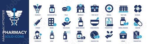 Pharmacy glyph solid icons collection. Containing medicine, prescription, drugged, medical. Minimal icon and symbol series vector illustration