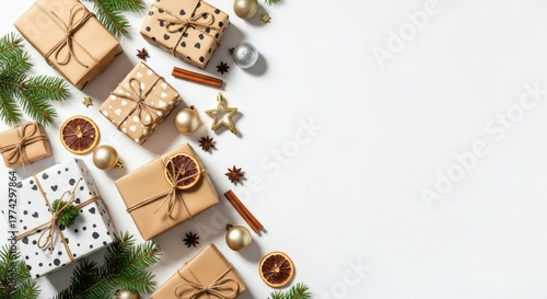 Festive Christmas Gift Boxes with Natural Decorations and Copy Space on White Background