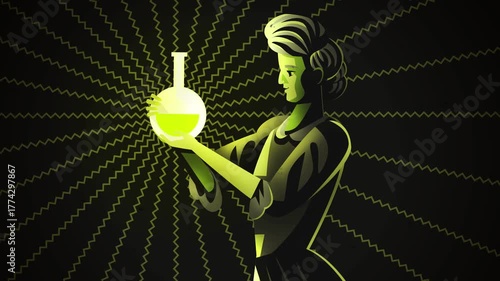female vintage scientist holding a flask of radioactive element