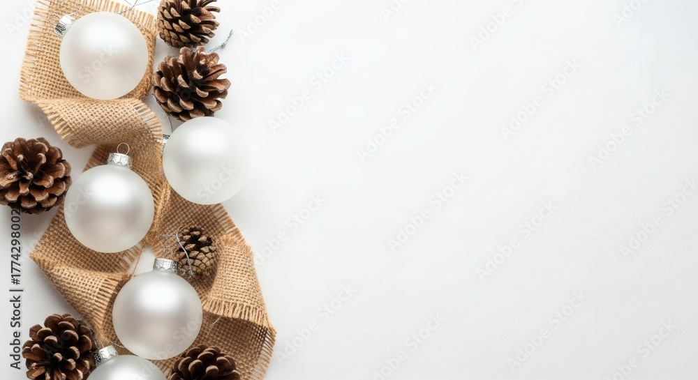 Naklejka premium Elegant White Christmas Ornaments and Pine Cones on Burlap Border with Copy Space