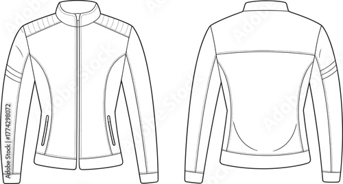 Women’s modern zip-up jacket flat sketch, detailed apparel technical drawing front and back view, stylish outerwear fashion design template vector illustration.