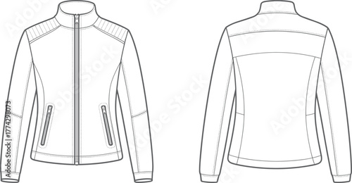 Women’s casual jacket technical flat sketch, detailed clothing design front and back view, stylish fashion vector template, outerwear illustration for apparel designers.