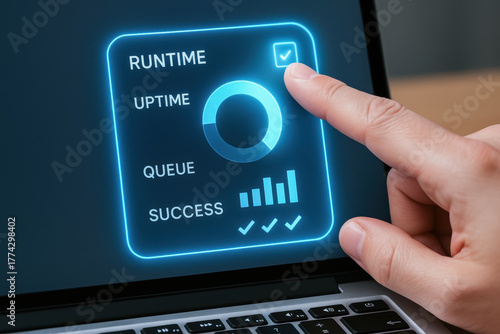 Futuristic dashboard ai agent workflow automation monitor showing runtime uptime queue success metrics with finger interacting on touchscreen