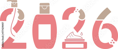 Skincare and Cosmetic Bottles Forming the 2026 Typography Vector Concept, Illustrating Beauty Routine, Wellness, Moisturizing, Toner, and Health Trends for the New Year