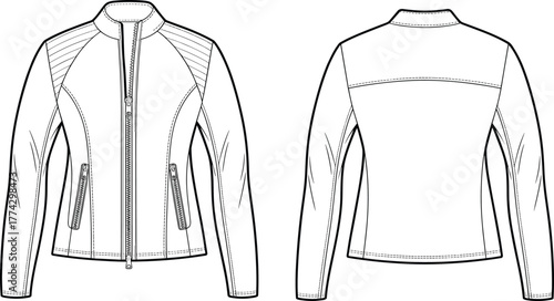 Women’s zip-up fitted jacket fashion flat, front and back technical sketch, sporty outerwear design template, stylish apparel pattern illustration for designers, vector