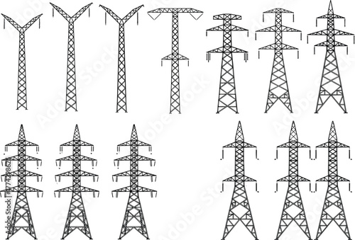 Set of diverse transmission tower designs for high-voltage electricity infrastructure, showcasing engineering variations in power distribution systems