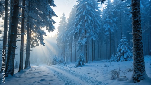Snow covered pine forest with sunlight filtering through the trees