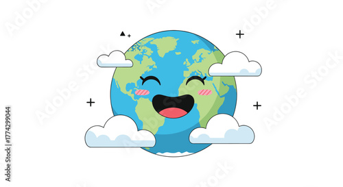 Happy cartoon Earth character with a wide, joyful smile and rosy cheeks, surrounded by fluffy white clouds, symbolizing a cheerful and healthy planet.