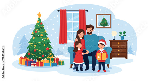 A happy family of four celebrates Christmas together in a festive living room, surrounded by a decorated tree and presents, with snow falling outside.