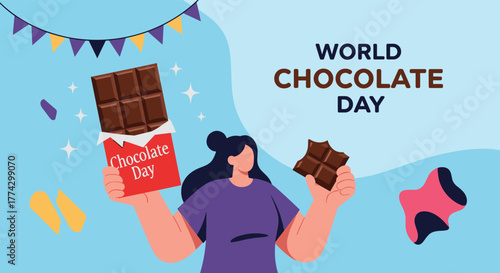 A cheerful person celebrates World Chocolate Day, holding a large chocolate bar and a delicious broken piece, surrounded by festive decorations.