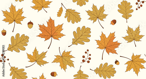 Vibrant autumn seamless pattern with hand-drawn maple and oak leaves, acorns, and berries, perfect for fall season designs.