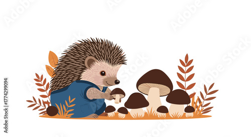A charming illustration of a happy hedgehog in a blue outfit carefully collecting an assortment of mushrooms amidst colorful autumn leaves.