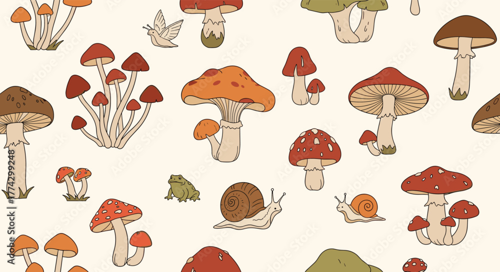 Naklejka premium Whimsical nature-inspired seamless pattern featuring diverse mushrooms, snails, frogs, and a moth on a cream background with an autumnal palette.
