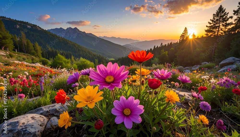 Fototapeta premium Vibrant wildflowers bloom in a mountain meadow at sunset