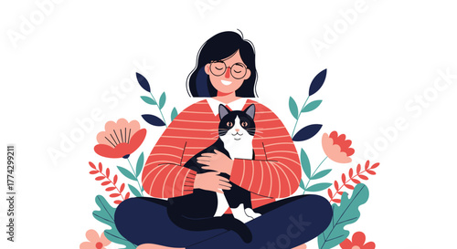 A happy woman with glasses sits cross-legged, gently holding her black and white cat, surrounded by colorful flowers and botanical elements, depicting pet love and serenity.