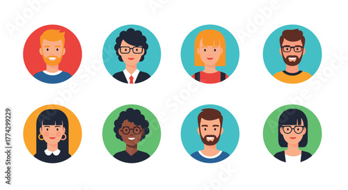 A diverse group of happy men and women are depicted as friendly cartoon-style vector avatars in colorful circular frames, representing various backgrounds.