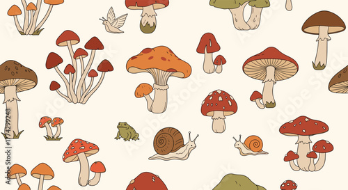 Whimsical nature-inspired seamless pattern featuring diverse mushrooms, snails, frogs, and a moth on a cream background with an autumnal palette.