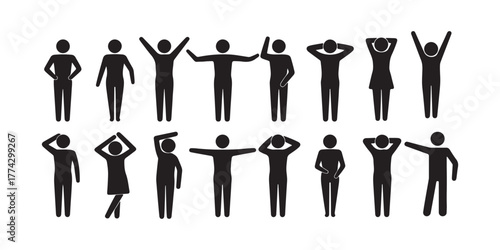 Black Silhouette Stick Figures Doing Exercises and Stretches on a White Backdrop