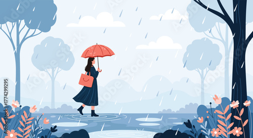 A woman walks through a serene park on a rainy day, holding a vibrant orange umbrella and carrying a bag, with gentle reflections in puddles.