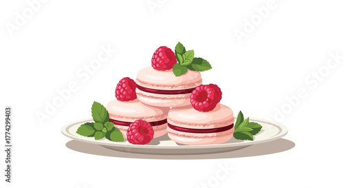 Delicious pink macarons with raspberry filling, topped with fresh raspberries and mint, elegantly arranged on a white plate.