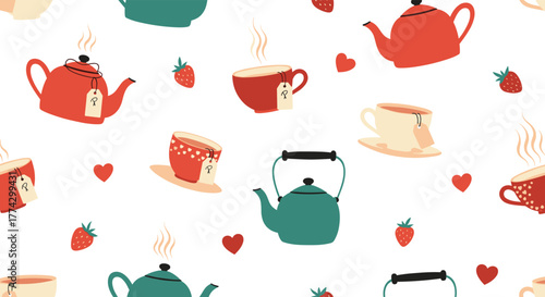 Seamless pattern of cute teapots, teacups, strawberries, and hearts on a white background, perfect for cozy tea time designs and romantic themes.