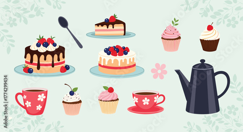 A charming collection of various cakes, cupcakes, and hot beverages, perfect for a cozy tea time or dessert celebration.