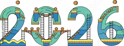 Colorful Retro Video Game Platform Map Forming the Year 2026 Typography, Illustrating Gaming, Adventure, Challenge, Level Up, Childhood, and Entertainment Concept