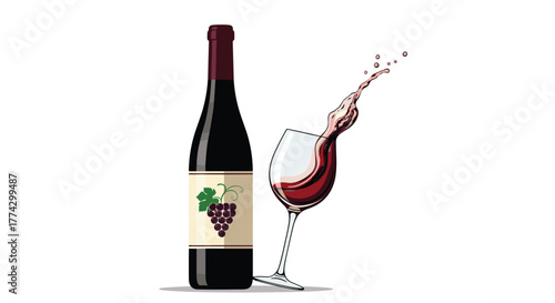 A dynamic illustration featuring a bottle of red wine standing beside a tilted wine glass from which red wine is dramatically splashing out.