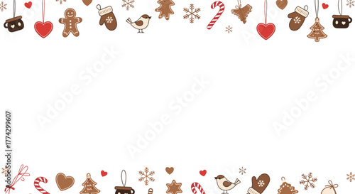 Christmas and winter-themed border with gingerbread cookies, candy canes, mittens, snowflakes, and birds on a white background.