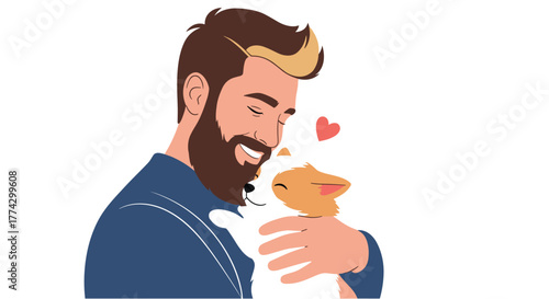 A cheerful man with a stylish beard tenderly holds his adorable small dog, both enjoying a moment of pure happiness and affection.