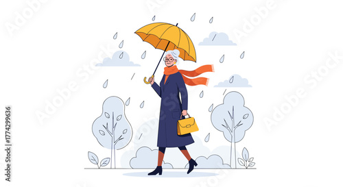An elegant senior woman walks gracefully with a bright yellow umbrella and an orange scarf on a rainy, windy autumn day.