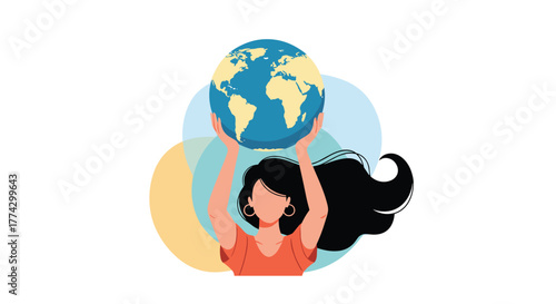An illustration of a woman gracefully holding the planet Earth above her head, representing global care, environmental protection, and female empowerment.