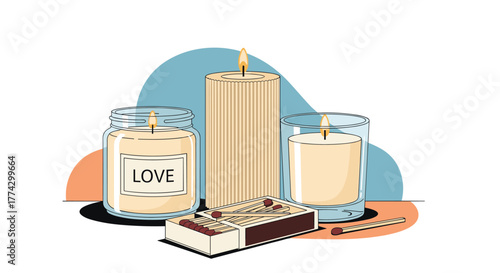 Three lit candles, including a 'Love' jar candle, a tall pillar candle, and a votive candle in a glass, with a matchbox and matches, evoking a cozy atmosphere.