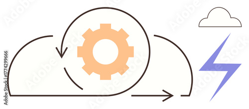 Gear inside cloud with circular arrows for continuous automation and lightning for energy. Ideal for technology, cloud computing, innovation, automation, energy, software, and efficiency. Simple flat