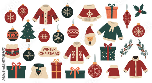 A delightful collection of hand-drawn Christmas and winter holiday items, featuring cozy apparel, festive ornaments, and gift boxes.